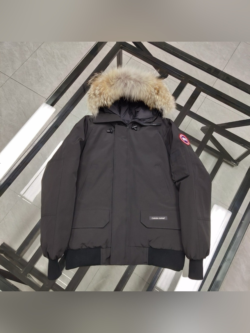 Canada Goose Black Bomber Jacket with Fur-Trim Hood